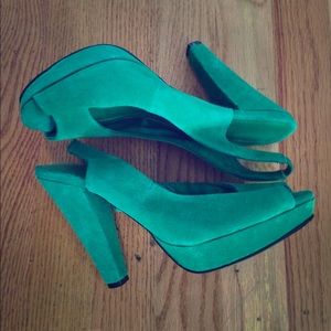 Green suede sling back heels
