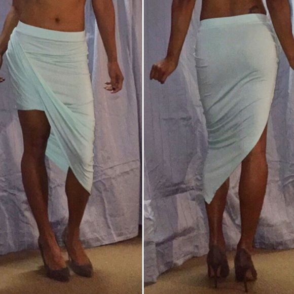 Baby blue asymmetric skirt.
