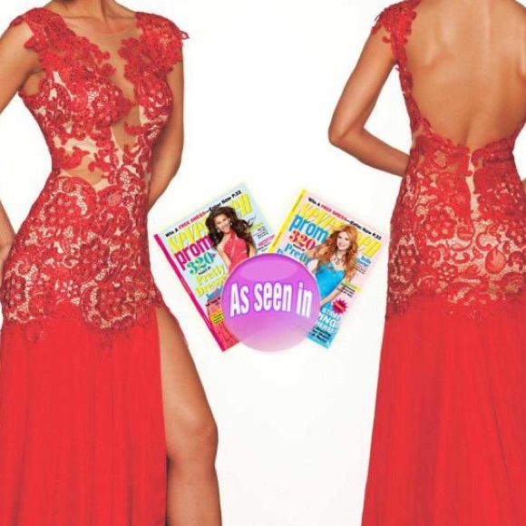 Mac Duggal, red, lace, cap sleeve, prom dress