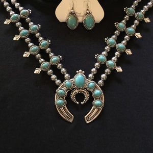 Squash Blossom necklace Faux turquoise silver tone