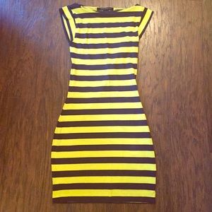 Super flattering navy and yellow striped dress