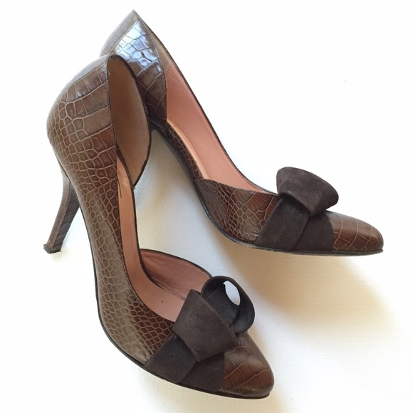 🎉HP!✨Nanette Lepore Croc Embossed-Suede Bow Pumps