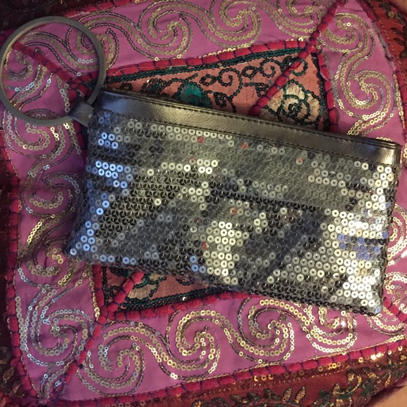 Silver Sequined round handle wristlet