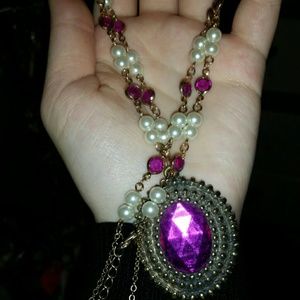 Long purple gem and pearl necklace