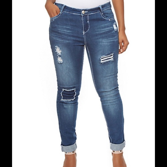 Distressed patched skinny jeans