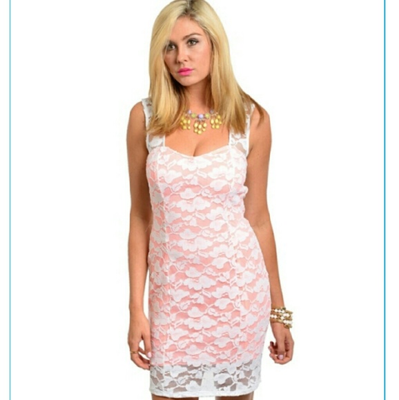 Point White Lace Dress with Neon Orange Under