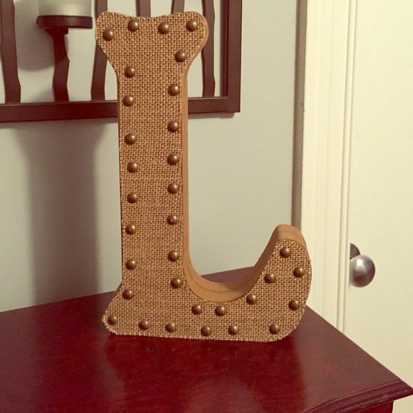 Decorative "L" with burlap and gold Brad details.