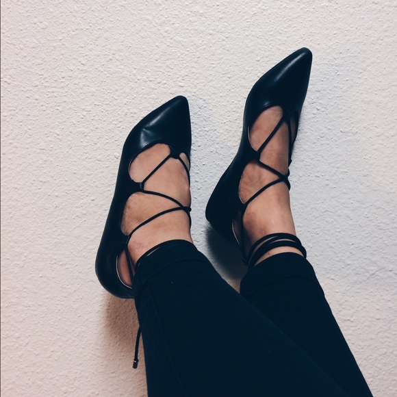 SOLD / Black Ballerina Lace Up Flats - Picture 2 of 3