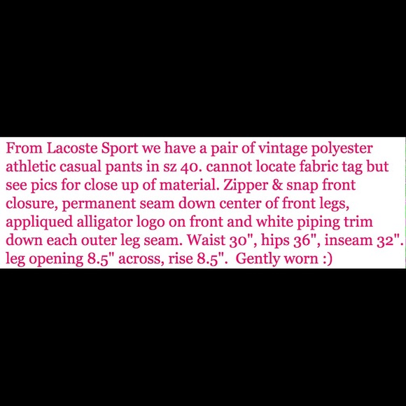 AUTHENTIC LACOSTE SPORT ATHLETIC CASUAL PANTS - Picture 4 of 4