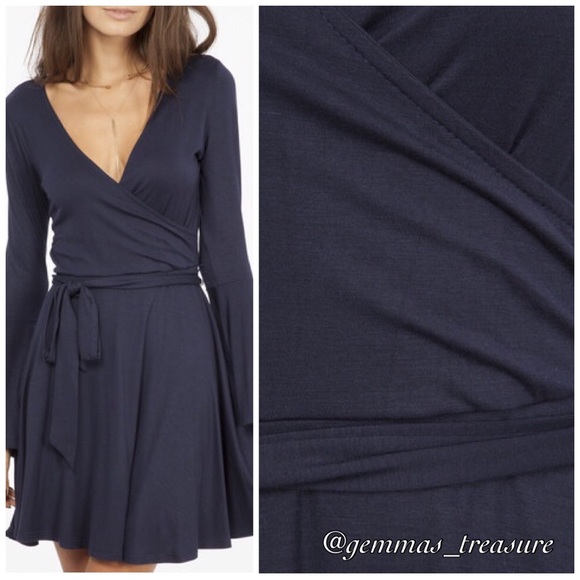 Stunning Solid Navy Faux Wrap Dress - Picture 2 of 4