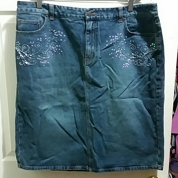 Beaded front denim skirt.