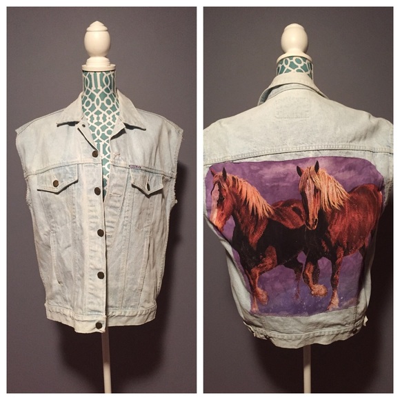 Jackets & Blazers - Light Wash Jean Vest with Horses