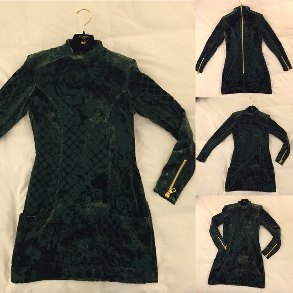 BALMAIN H&M silk blend velvet  dark green dress