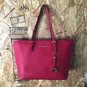 Red Michael Kors Jet Set Travel Top Zip Tote
