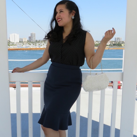 Navy Peplum Hem Pencil Skirt
