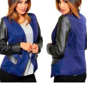 Blue & Black Faux leather blazer