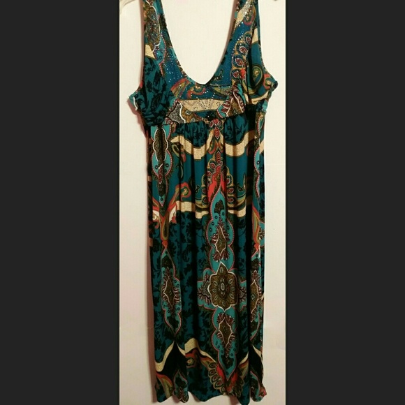 Printed Maxi Dress w/ Beaded Detail On Neckline