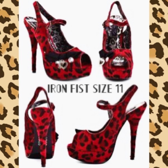 Super cute red cheetah peep toe iron fist heels!