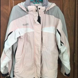 Columbia coat in Pink,White, and Grey.