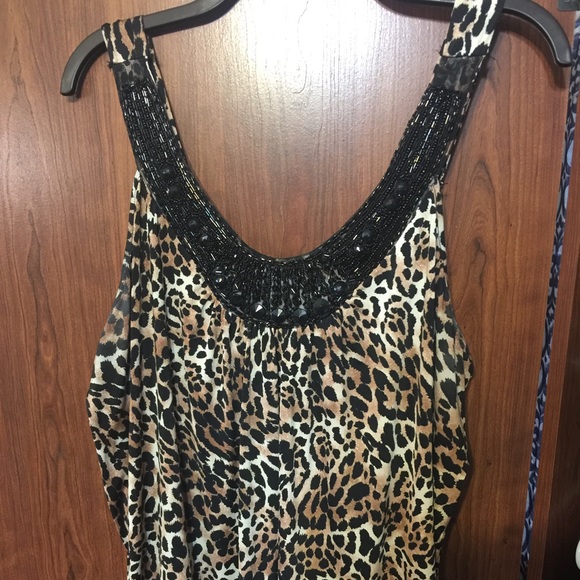 Silky leopard printed tank with beaded neckline