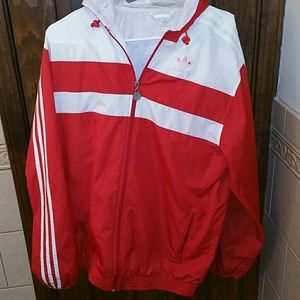 Red and white stripped adidas wind breaker jacket
