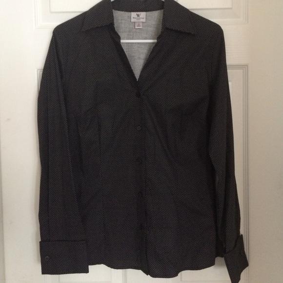 Black button down collard shirt w/ white polkadots