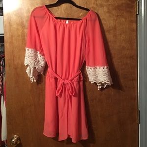 Coral lace sleeve dress