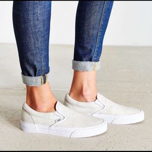 Vans Slip Ons. Off White Crackled Leather.