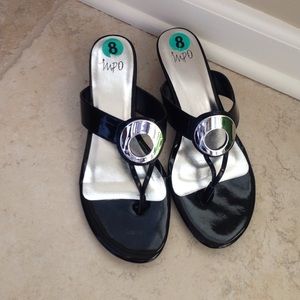 Patent black low wedge heel