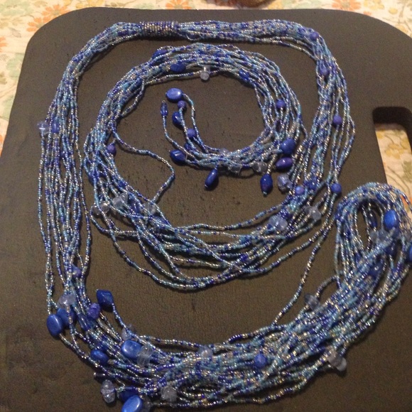 Long blue scarf-like seed bead necklace