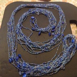 Long blue scarf-like seed bead necklace