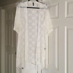 Full Tilt flower Lace Kimono with Fringe bottom