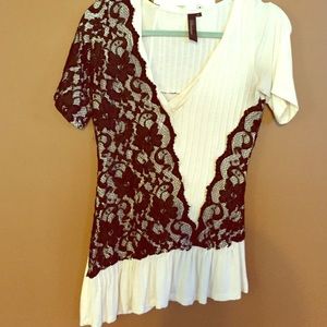 BKE Boutique Large knit asymmetrical lace top
