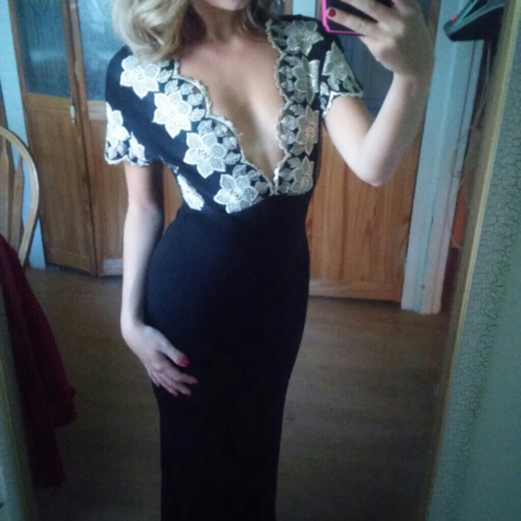 Venni Caprice Gold lace & black Jersey gown S NYE - Picture 2 of 3