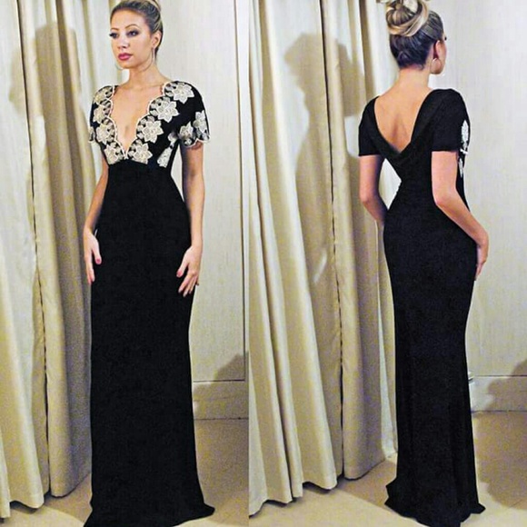 Venni Caprice Gold lace & black Jersey gown S NYE - Picture 3 of 3