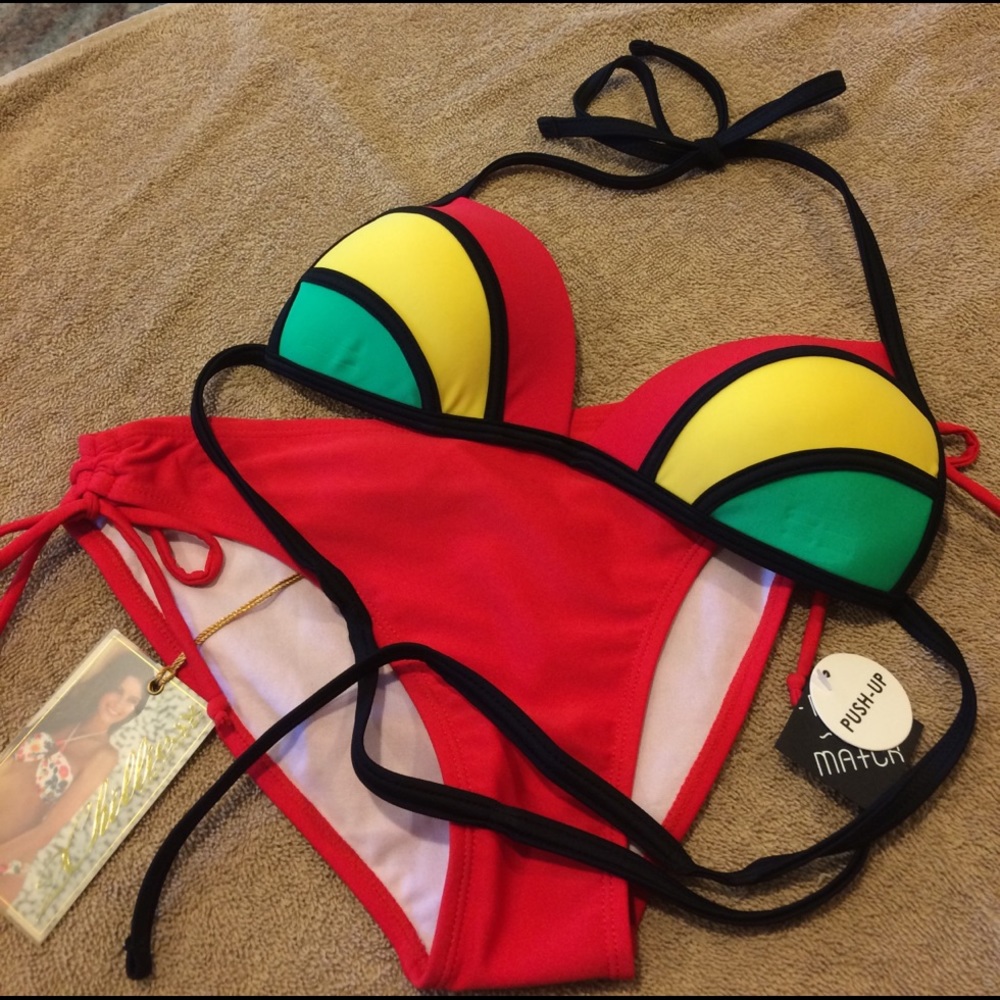 EMPYRE Red/Yellow/Green Push Up Style Bikini Top - Picture 3 of 11