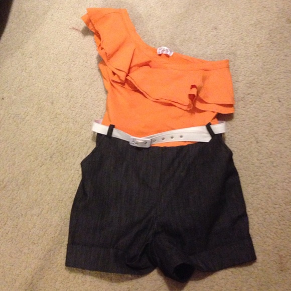 Orange, black, and white romper