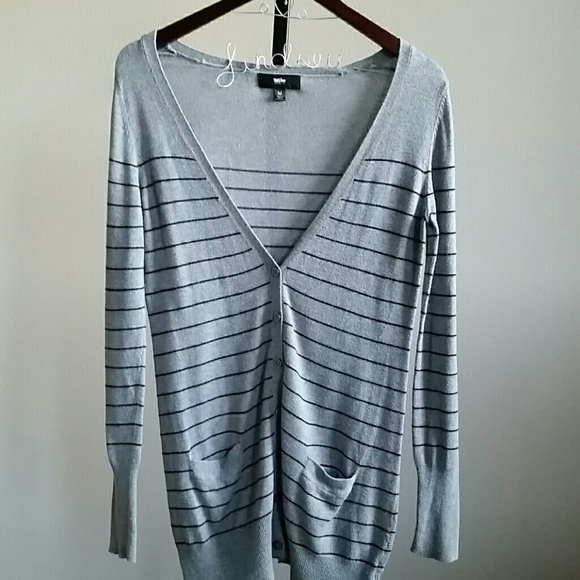 Gray,  Black-striped Button-down Cardigan
