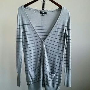 Gray,  Black-striped Button-down Cardigan