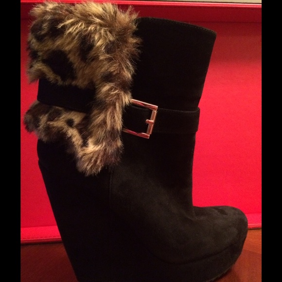 60% off black suede ankle boots w/leopard faux fur