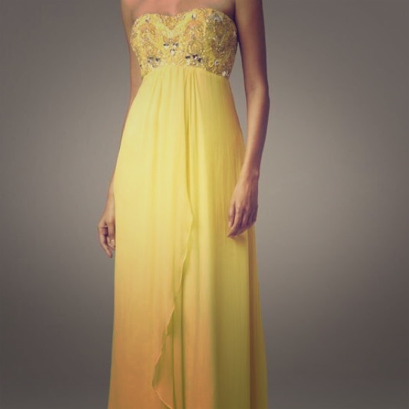 Aidan Mattox Lemon Strapless Beaded Chiffon Gown 0