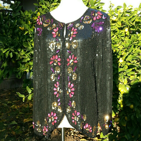 🍀VINTAGE HP🍀 Sequined Silk Cardigan/Jacket - Picture 2 of 4