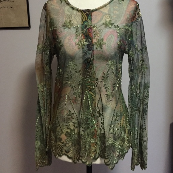 D B Sport Tops - Sheer Floral Embroidered Blouse