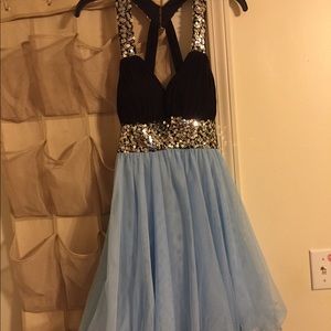 Sparkly black and powder blue prom or formal dress