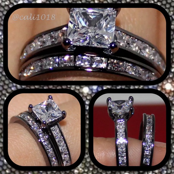 🆕2pc 10k Black White Sapphire Wedding Set - Picture 3 of 4