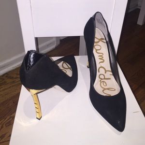Sam Edelman black suade pumps, gold heel