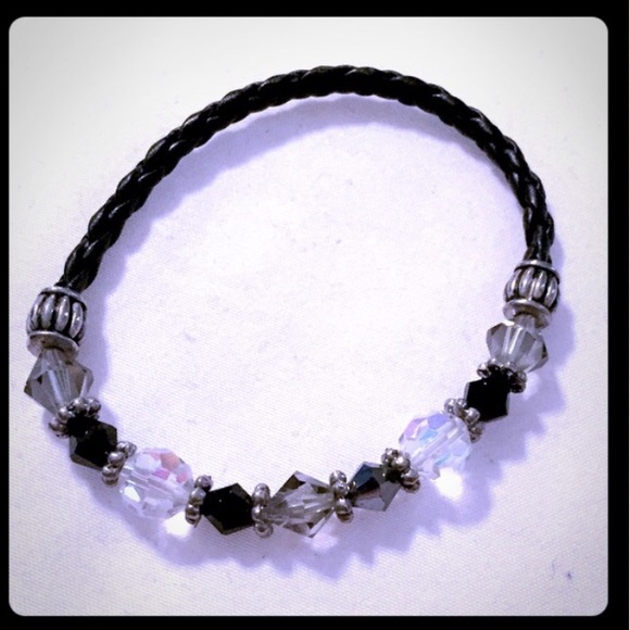 Black leather/Austrian crystal bangle
