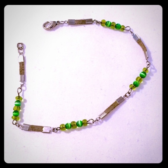 Green leather anklet with glass beads