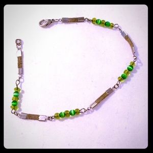 Green leather anklet with glass beads