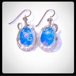 NWOT Handcrafted silver/glass/seed pearl earrings